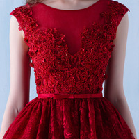 Burgundy lace high low short prom dress, evening dress - Thumbnail 2
