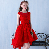 Burgundy lace high low short prom dress, evening dress - Thumbnail 4