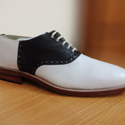 Handmade men two tone white black oxford shoe, men's leather lace up formal shoe - Thumbnail 5