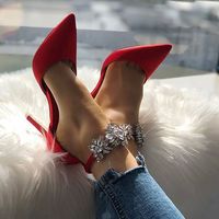 Red Decorative Pointed High Heel Sandals Q-0102 - Thumbnail 2