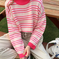 High Neck Stripe Knit Sweater - Thumbnail 2