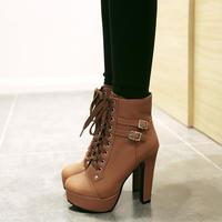 Lace up Chunky Heel Ankle Boots Q-0115 - Thumbnail 2