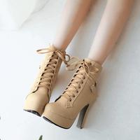 Lace up Chunky Heel Ankle Boots Q-0115 - Thumbnail 3