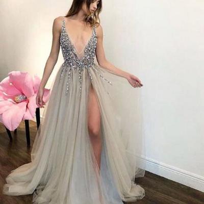 Sexy gray beading prom dress ,tulle v neck long prom dress, cheap evening dress - Thumbnail 5
