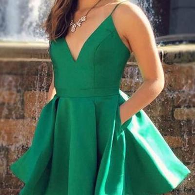 Spaghetti straps v neck simple green short prom homecoming dress - Thumbnail 5