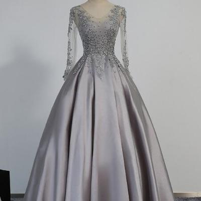 Sexy vintage long sleeve stain beading prom dress,long evening dress - Thumbnail 4