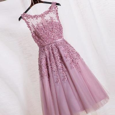 Round neck lace beading prom dress,short homecoming dress - Thumbnail 4