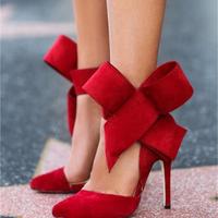 Glaring Red Pointed Toe High Heel Bow Sandals Q-0118 - Thumbnail 1