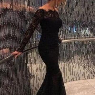 Off shoulder long sleeves lace prom dress,cheap evening dress - Thumbnail 4