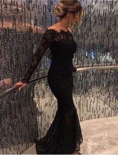 Off Shoulder Long Sleeves Lace Prom Dress,Cheap Evening Dress