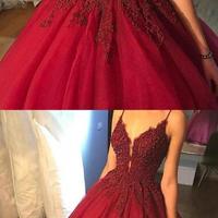 Spaghetti Straps Burgundy Prom Dress,Long Beading Evening Dress with Appliques - Thumbnail 1