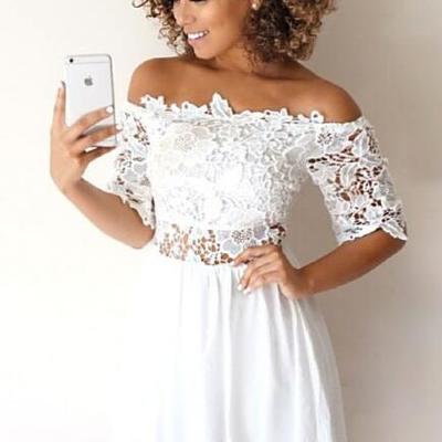 Top lace half sleeves white homecoming dress ,short prom dress