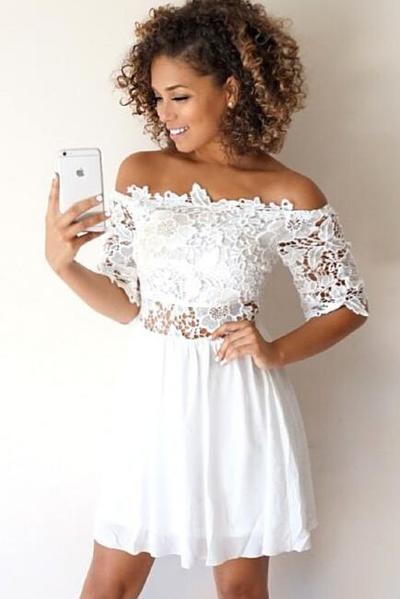 Top Lace Half Sleeves White Homecoming Dress ,Short Prom Dress