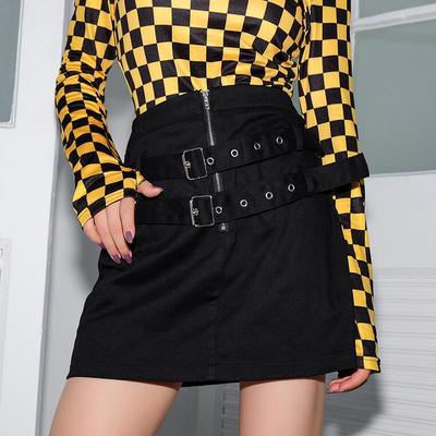 Double buckle zip up a-line skirt