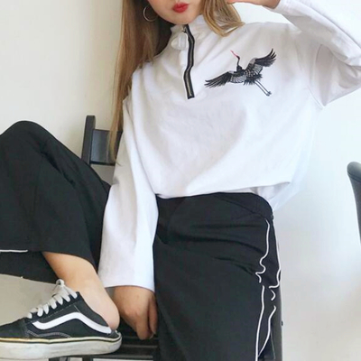 High neck crane embroidery zip up sweatshirt