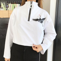 High Neck Crane Embroidery Zip Up Sweatshirt - Thumbnail 1