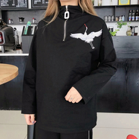 High Neck Crane Embroidery Zip Up Sweatshirt - Thumbnail 2