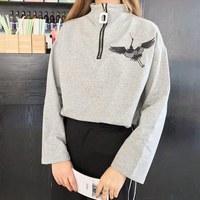 High Neck Crane Embroidery Zip Up Sweatshirt - Thumbnail 4