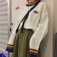 BEAROX Embroidery Rainbow Stripe Pullover Knit Sweater - Thumbnail 3