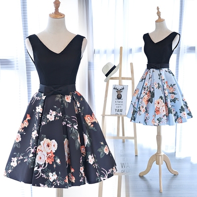 Cute v neck floral pattern short prom dress, homecoming dress - Thumbnail 5