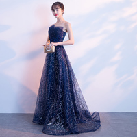 Dark blue sequins tulle long prom dress, evening dress - Thumbnail 1