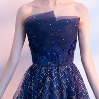Dark blue sequins tulle long prom dress, evening dress - Thumbnail 2