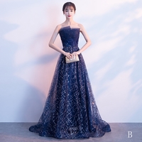 Dark blue sequins tulle long prom dress, evening dress - Thumbnail 3