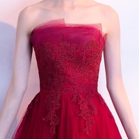 Burgundy strapless tulle lace long  prom dress, burgundy evening dress - Thumbnail 1