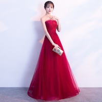 Burgundy strapless tulle lace long  prom dress, burgundy evening dress - Thumbnail 2
