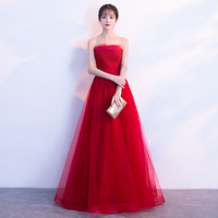 Burgundy strapless tulle lace long  prom dress, burgundy evening dress - Thumbnail 3