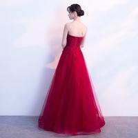 Burgundy strapless tulle lace long  prom dress, burgundy evening dress - Thumbnail 4