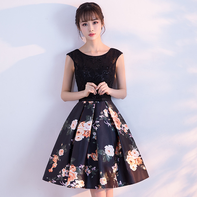 Black round neck floral pattern short prom dress, homecoming dress - Thumbnail 5