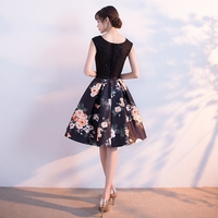 Black round neck floral pattern short prom dress, homecoming dress - Thumbnail 4