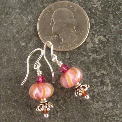 Salmon pink and cinnabar glass earrings