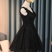 Black lace short prom dress,v neck Cheap lace homecoming dress - Thumbnail 2