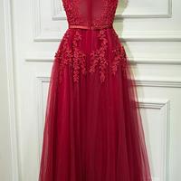 Sexy Wine Red Long Tulle Lace Prom Dress,Evening Dress - Thumbnail 2