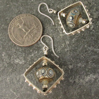Black Fossil Glass Bead Frame Earrings - Thumbnail 1