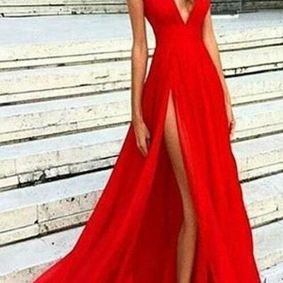 Sexy v-neckline split red prom dresses formal dress 