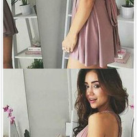 A Line Elastic Short Blush Deep V-Neck Satin Homecoming Dress - Thumbnail 4
