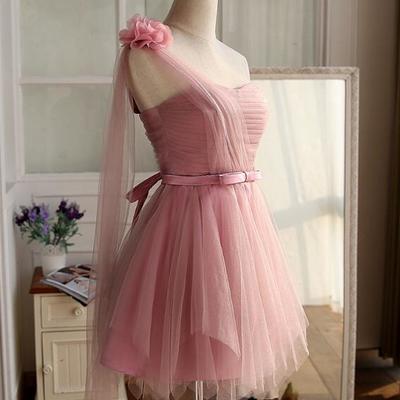 One shoulder pink tulle bridesmaid dress,prom dress - Thumbnail 4