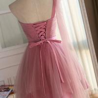 One Shoulder Pink Tulle Bridesmaid Dress,Prom Dress - Thumbnail 1