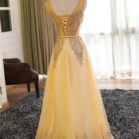 A Line Gold Long Prom Dress,Evening Dress with Beading - Thumbnail 1