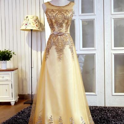 A line gold long prom dress,evening dress with beading - Thumbnail 5