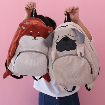 Cute dog fox corduroy backpack 