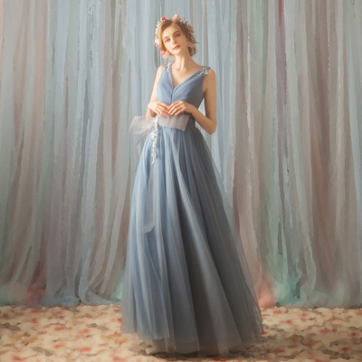 Blue v neck tulle lace long prom dress, blue evening dress - Thumbnail 5