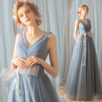 Blue v neck tulle lace long prom dress, blue evening dress - Thumbnail 1