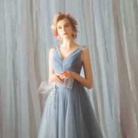 Blue v neck tulle lace long prom dress, blue evening dress - Thumbnail 3