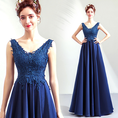 Dark blue v neck lace long prom dress, blue evening dress - Thumbnail 5
