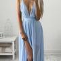 V neck Simple A-line chiffon backless long blue prom dress ,beautiful evening dress -3