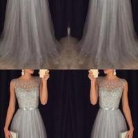 A Line Tulle Grey Prom Dresses Modest Evening Dress With Sparkle Beads Formal Gowns,cheap prom dress - Thumbnail 4